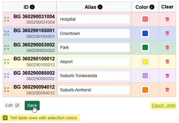 Selections table with custom colors and nicknames.