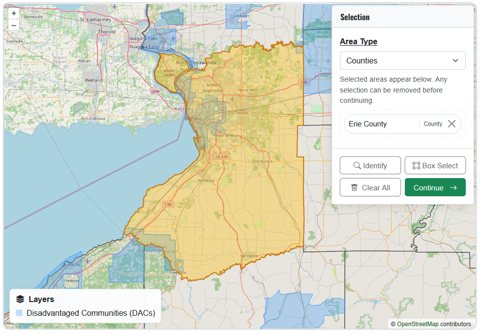 Location tab with Erie County selected.