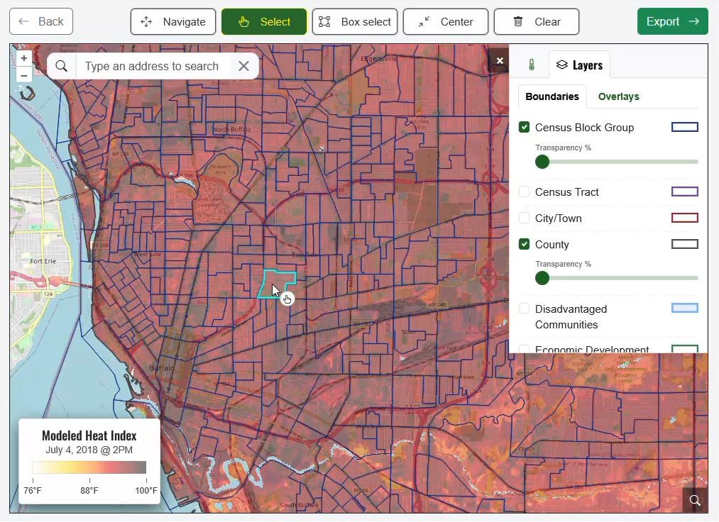 Temperature map with block groups selected and map select active.