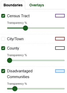 Boundary transparency settings for county, DAC, and census tract layers.