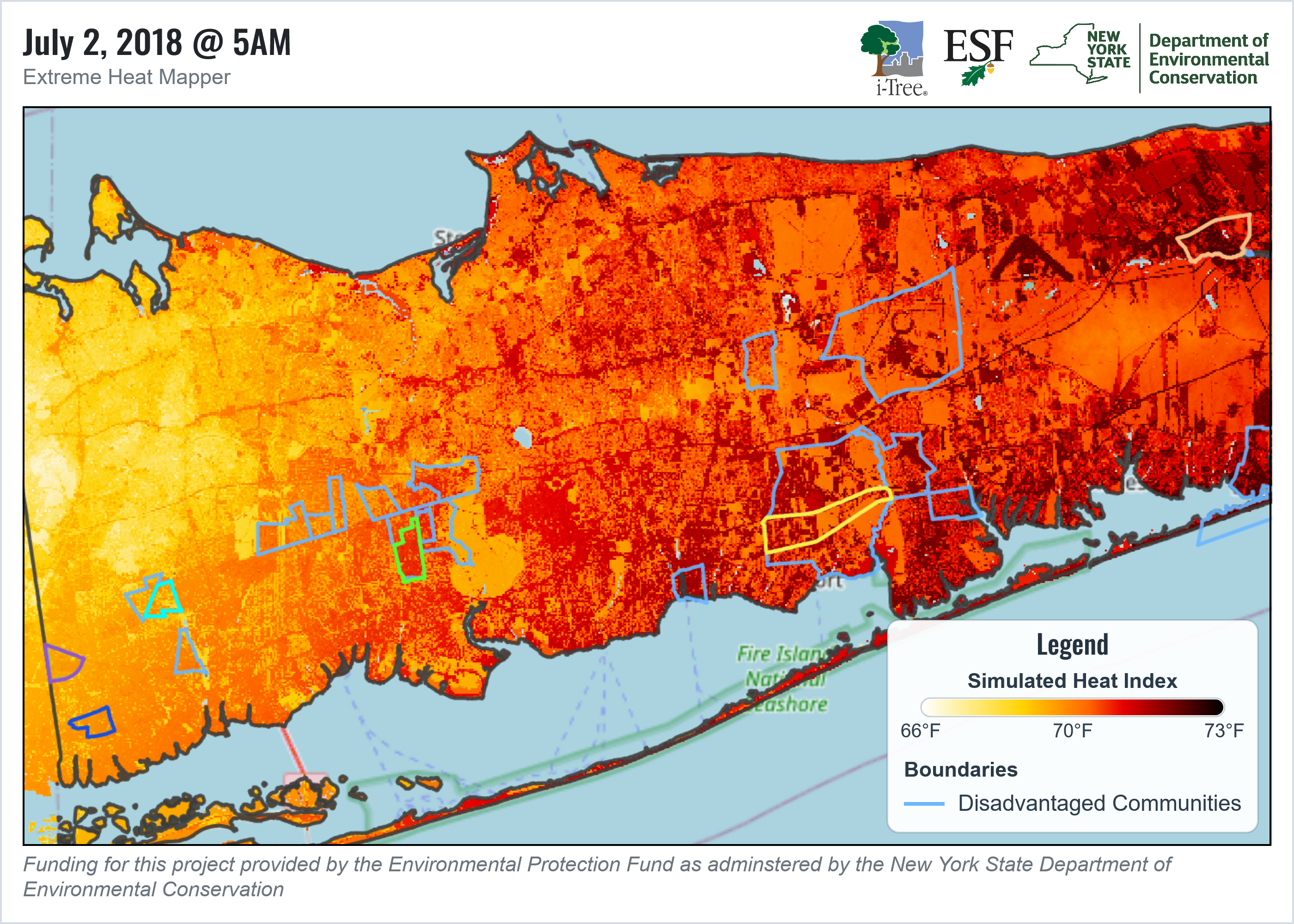 Early morning heat index map across selected Suffolk County tracts.