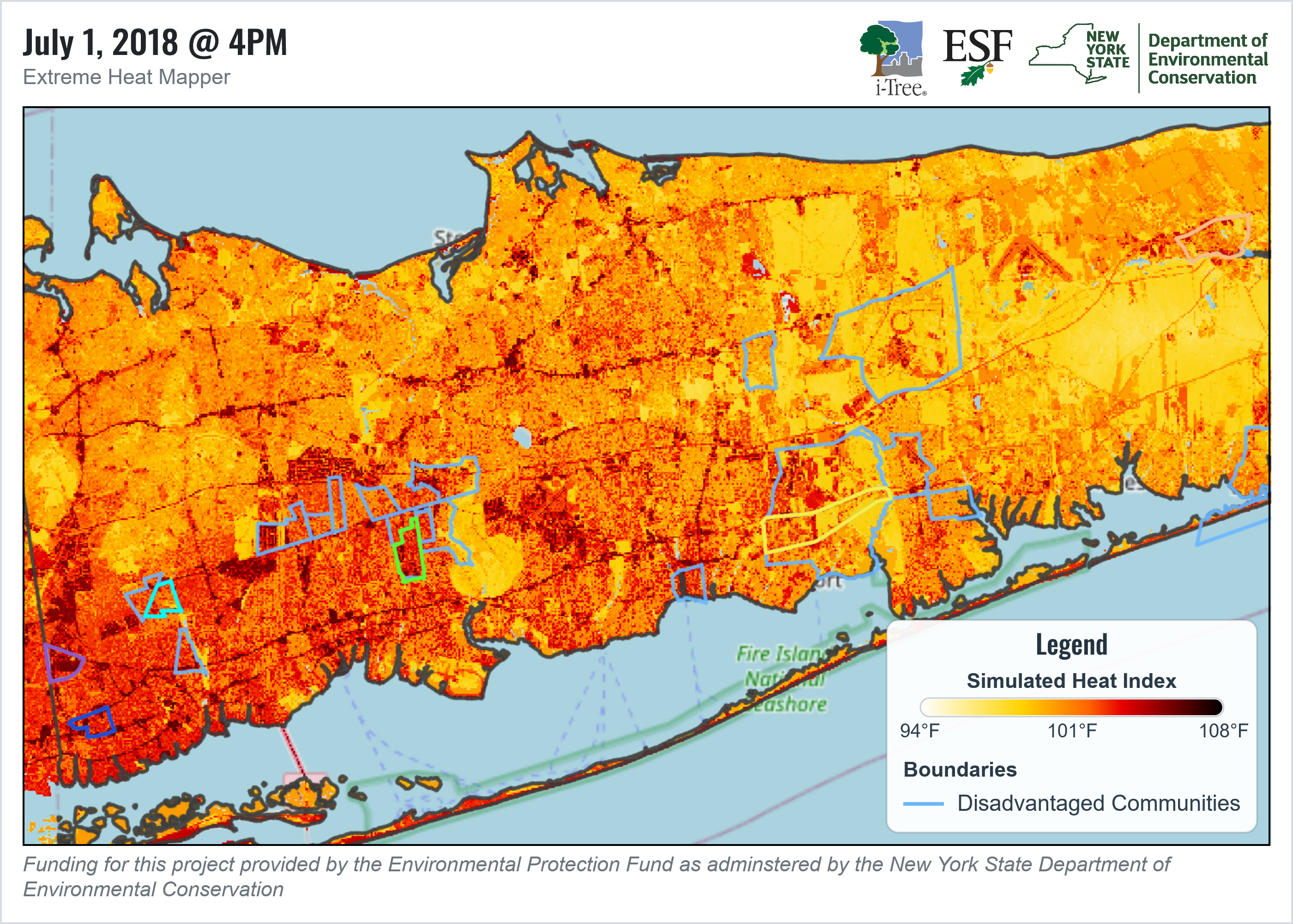 Daytime heat index map across selected Suffolk County tracts.